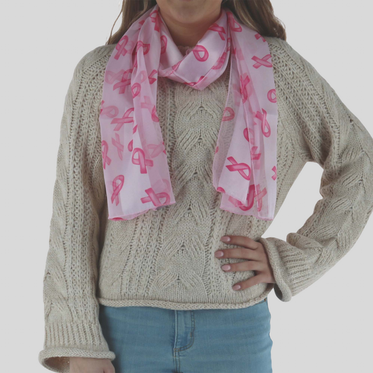 Woman wearing Breast Cancer Ribbon Print Lightweight Scarf