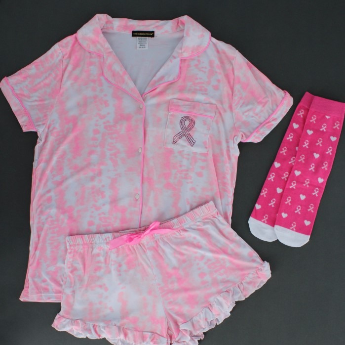 Women's Pink Ribbon Tie-Dye Notch Short Sleeve and Shorts Set with Women's Breast Cancer Awareness Novelty Socks
