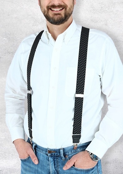Man wearing black clip end suspenders