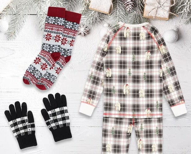 Holiday pjs, socks, and buffalo plaid gloves