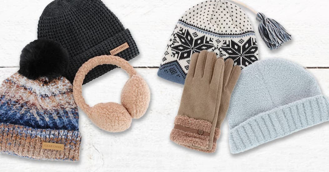 Four winter hats, ear muffs, and a pair of gloves