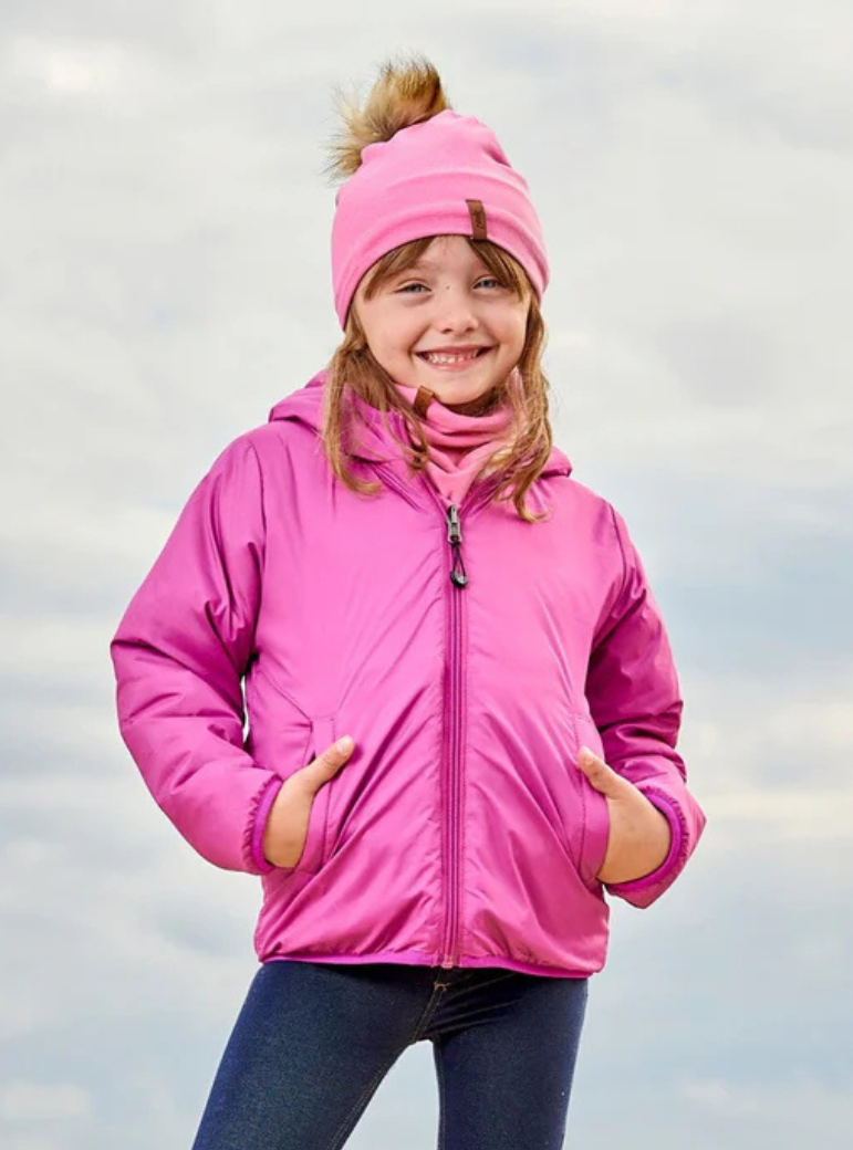 Girl wearing Deux par Deux Girl's Mid-Season Jersey Neckwarmer Candy Pink
