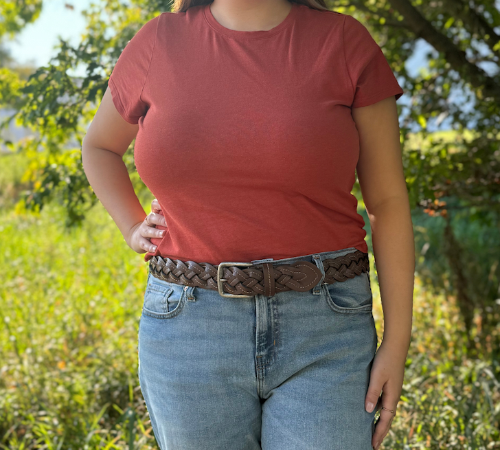 Woman wearing Braided Leather Belt with Contrast Stitching outside