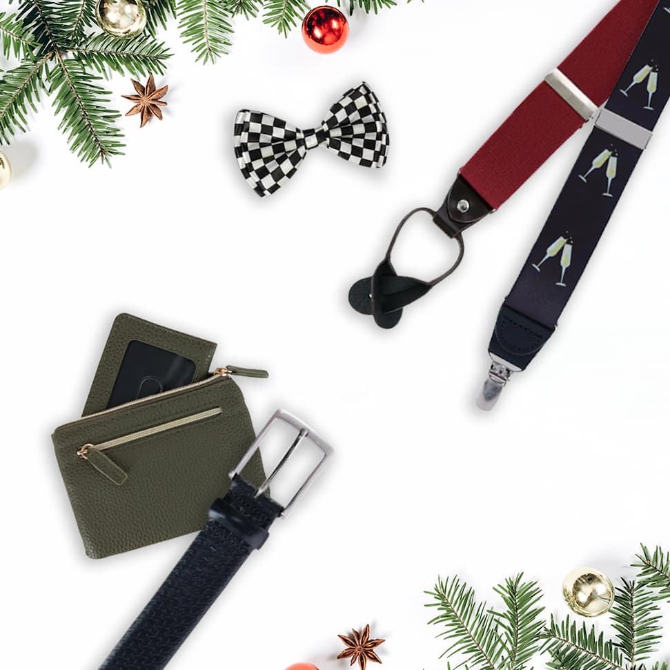 Holiday suspenders, a belt, green wallet, and checkered bow tie