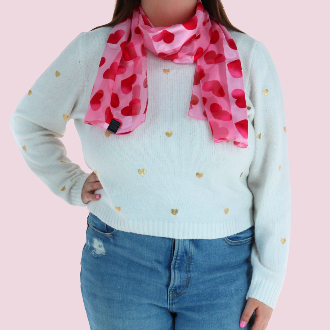 Woman wearing Satin Valentine's Bold Heart Print Scarf