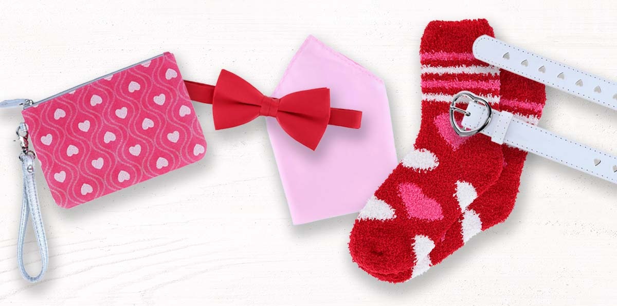 Valentine's accessories including a wallet, socks, belt, bow tie and pocket square