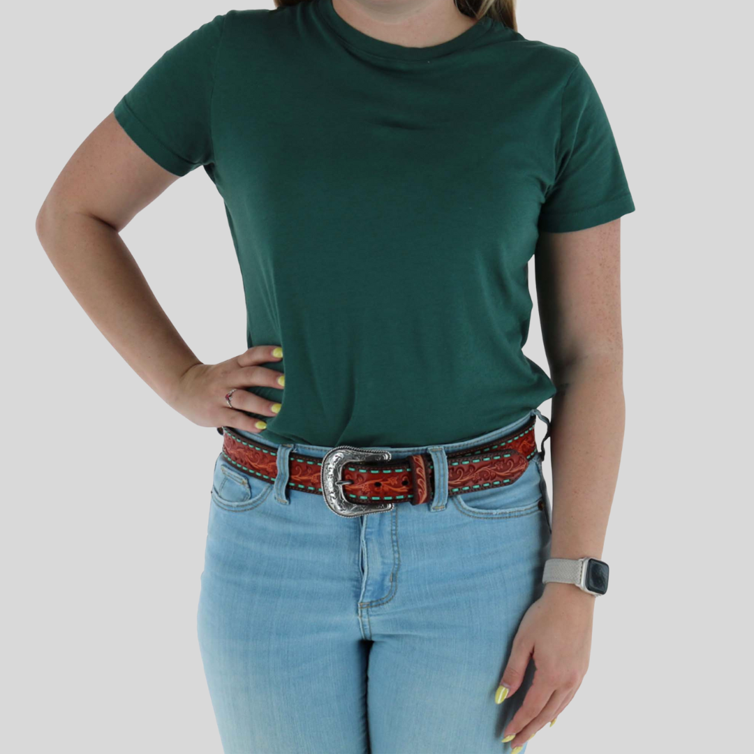 Woman wearing Ariat Floral Embossed Lace Western Belt