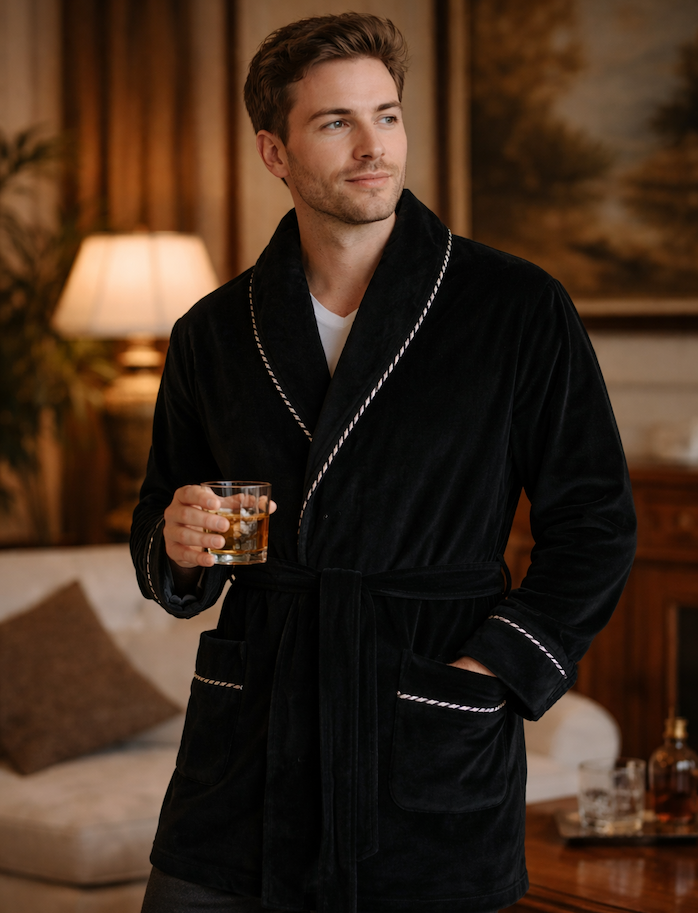 Man wearing Ascentix Men's Velour Smoking Jacket with Satin Lining