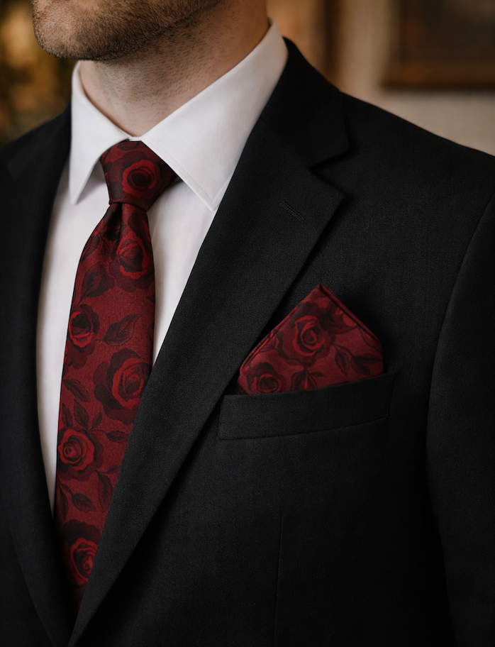 Man wearing Ascentix rose print necktie and pocket square