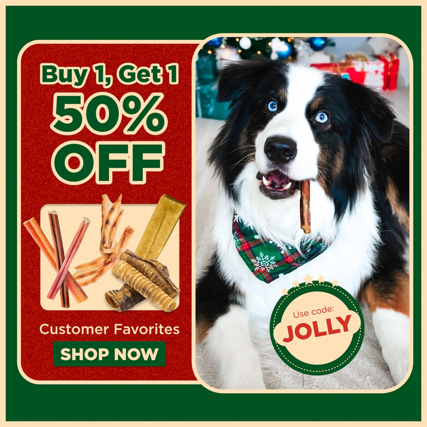 buy one get one 50% off chews & treats save now code JOLLY. get free shipping