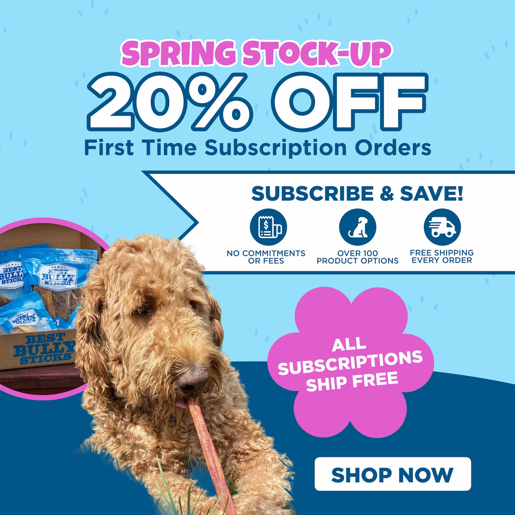 free shipping, 20% off first order, 10% recurring, free gifts at milestones