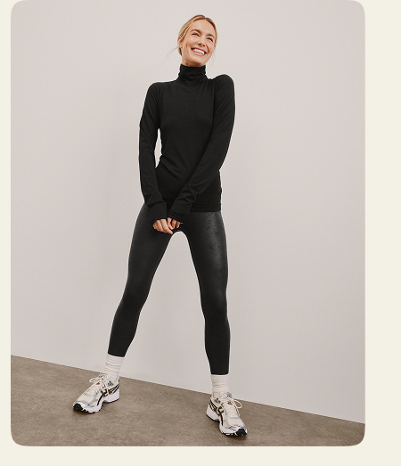 Leatherette High Waisted Midi Legging in Black Leatherette Foil