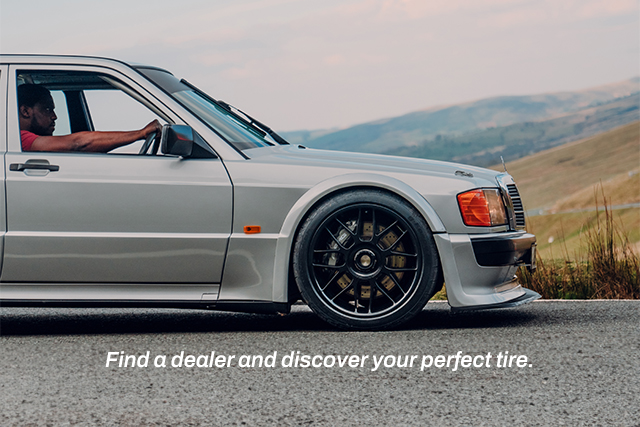 Photo of lowered car with copy that reads: Find a dealer and discover your perfect tire.