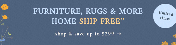 furniture, rugs and more home ship free, shop and shave up to $299, limited time!