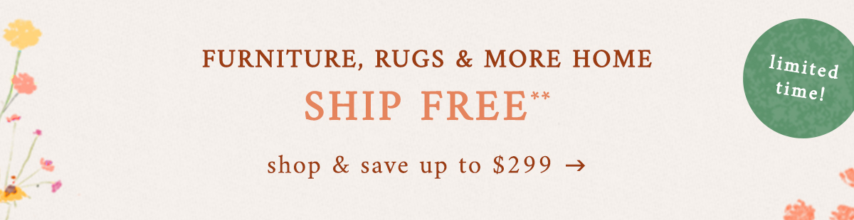 furniture, rugs and more home, ship free, shop and save up to $299, limited time!
