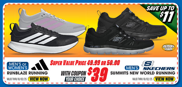  Men's or Women's adidas Runblaze Running Shoes or Men's Skechers Summits New World Running Shoes
