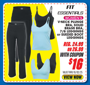 Fit Essentials Women's V-neck Plunge Bra, Solid Brami Bra, 7/8 Leggings or Sueded Boot Leggings