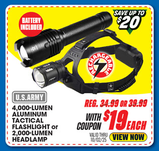 U.S. Army 4000 Lumen Aluminum Tactical Flashlight or 2000 Lumen Rechargeable Headlamp