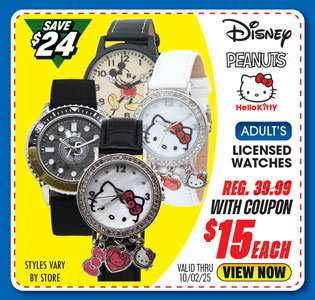 Disney, Peanuts or Hello Kitty Adult's Licensed Watch
