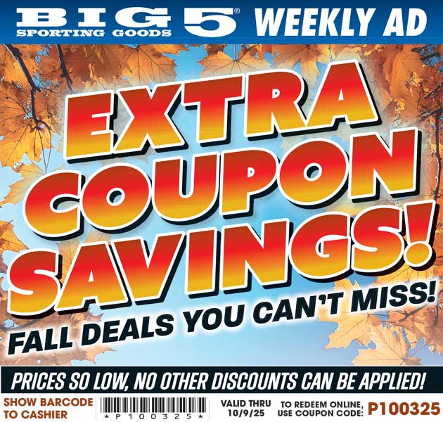 Big 5 Sporting Goods Weekly Ad.  CODE P100325