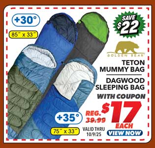 Golden Bear Teton +30° Mummy Bag or Dagwood Sleeping Bag