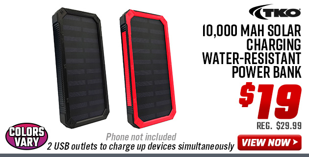TKO 10,000 mAh Solar Charging Water-Resistant Power Bank