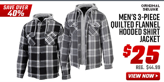 Original Deluxe Men's 3-Piece Quilted Flannel Hooded Shirt Jacket