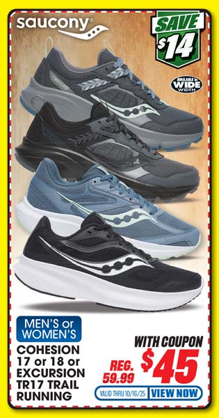 Saucony Men's or Women's Cohesion 17 or 18 or Excursion TR17 Trail Running