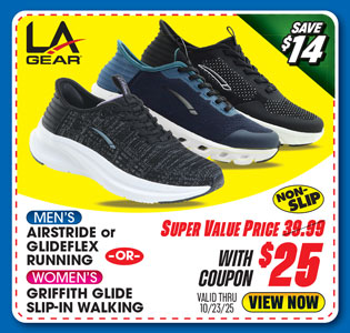 LA Gear Airstride or Glideflex Men's Running Shoes or Griffith Glide Slip-On Women's Athletic Shoes