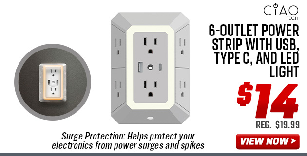 CIAO TECH 6-Outlet Power Strip with USB, Type C, and LED Light
