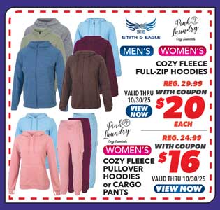 Smith & Eagle Men's Full-Zip Hoodie, Pink Laundry Women's Hoodie or Cargo Pants