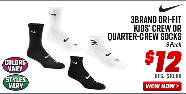 Nike 3Brand Dri-Fit Kids' Crew or Quarter-Crew Socks