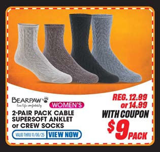 Bearpaw Women's 2-Pack Cable Supersoft Anklet or Crew Socks