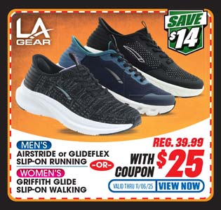 LA Gear Airstride or Glideflex Men's Running Shoes or Griffith Glide Slip-On Walking Shoes