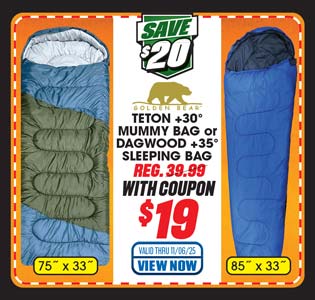 Golden Bear Teton +30° Mummy Bag or Dagwood Sleeping Bag