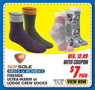 Sof Sole Fireside Men's or Women's Ultra-Warm or Lodge Crew Socks