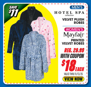 Hotel Spa Men's Velvet Plush Robe or MAYFAIR Women's Printed Velvet Robe