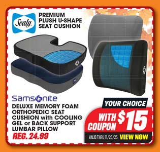 Samsonite Deluxe Memory Foam Orthopedic Seat Cushion with Cooling Gel or Back Support Lumbar Pillow