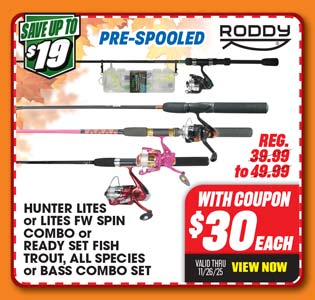 Roddy Pre-Spooled Hunter Lites or Lites FW Spin Combo or Ready Set Fish Trout, All Species or Bass Combo Set