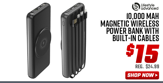 Lifestyle Advanced 10,000 mAh Magnetic Wireless Power Bank with Built-in Cables