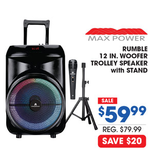 Max Power Rumble 12" Woofer Bluetooth Trolley Speaker With Stand