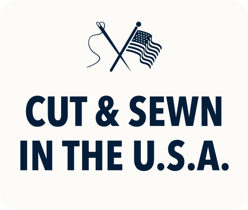 Bills Khakis: Cut & Sewn in the U.S.A. with a illustration of cross hatch of a needle and and american flag