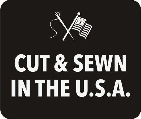 Bills Khakis: Cut & Sewn in the U.S.A. with a illustration of cross hatch of a needle and and american flag