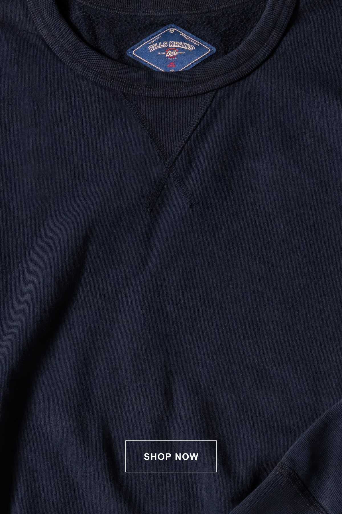 A close up on a navy Bills Khakis Classic 100% Cotton Crewneck