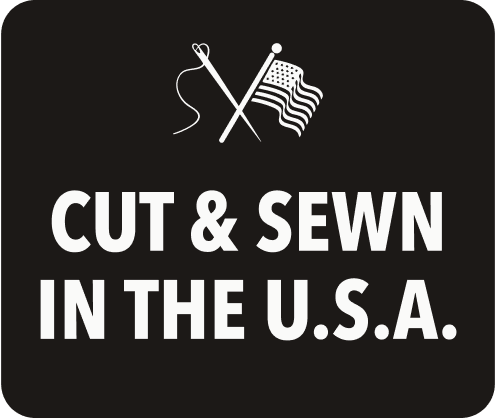 Bills Khakis: Cut & Sewn in the U.S.A. with a illustration of cross hatch of a needle and and american flag