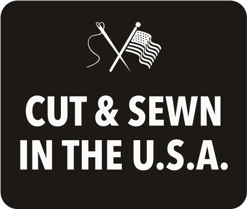Bills Khakis: Cut & Sewn in the U.S.A. with a illustration of cross hatch of a needle and and american flag