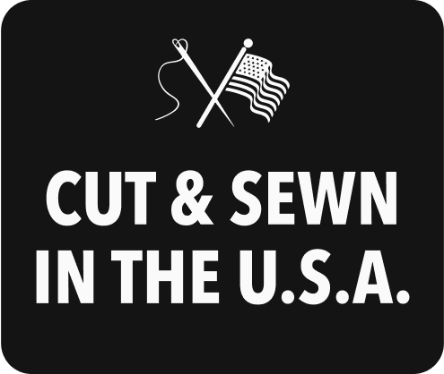 Bills Khakis: Cut & Sewn in the U.S.A. with a illustration of cross hatch of a needle and and american flag