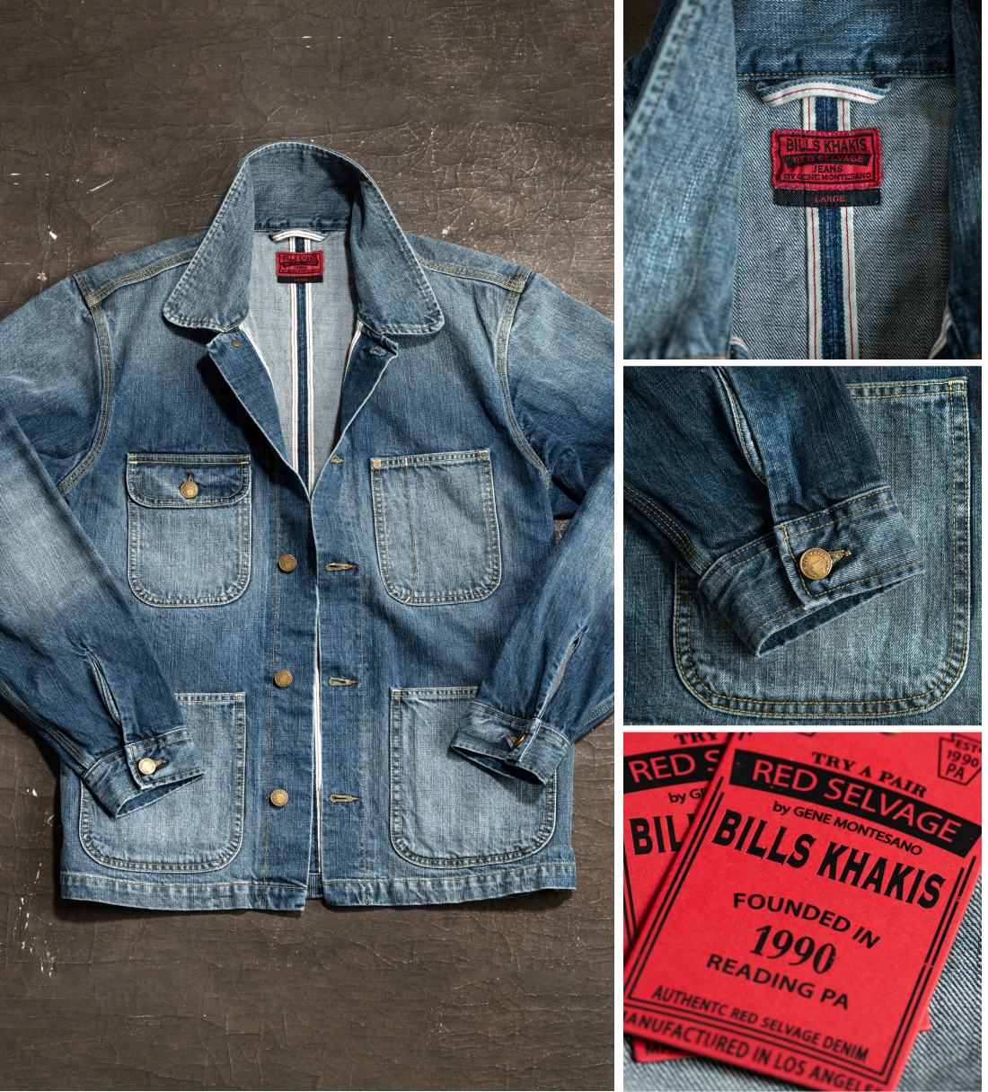 A multi-grid view of various details of the Gene Montesano x Bills Khakis Red Selvage Denim jacket and it's red tag - set in an industrial setting