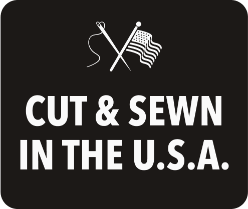 Bills Khakis: Cut & Sewn in the U.S.A. with a illustration of cross hatch of a needle and and american flag