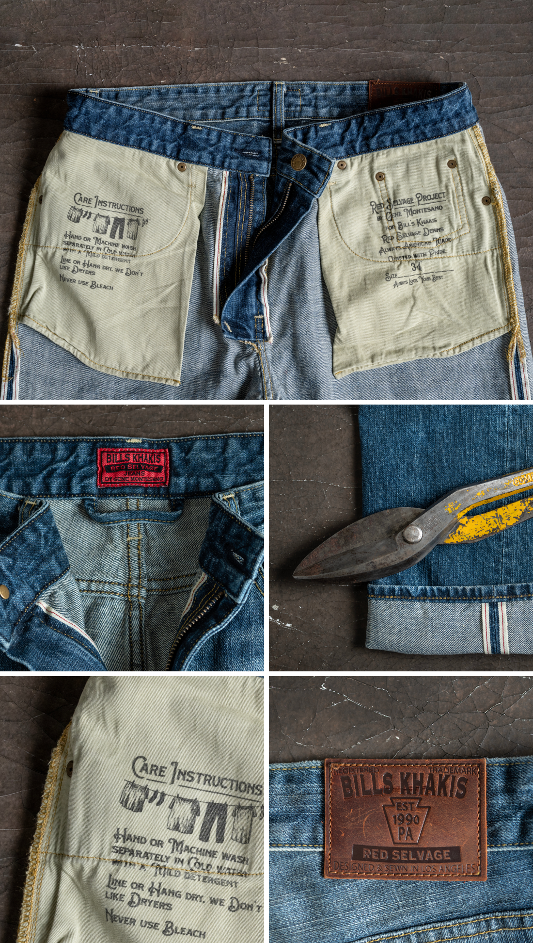 A multi-grid view of various details of the Gene Montesano x Bills Khakis Red Selvage Denim pants, it's red tag, and a pair of industrial scissors - set in an industrial setting